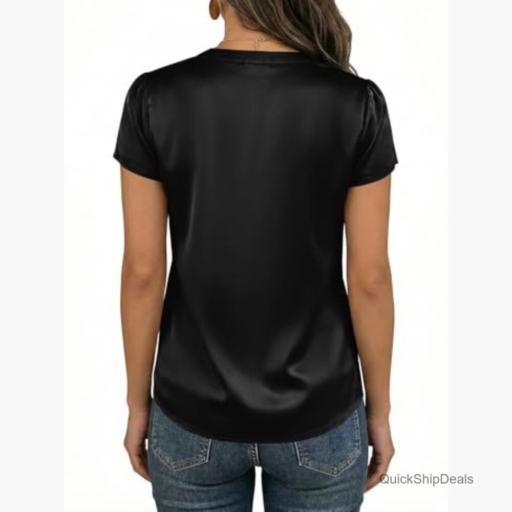 Satin Button Down Shirt V Neck Cap Sleeve Blouse for Business Casual - Picture 6 of 7